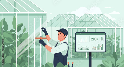 Man in greenhouse tending to plants with digital monitor.