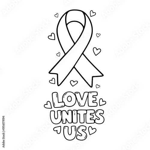 A minimalist vector graphic illustration of a ribbon with hearts and the phrase Love Unites Us