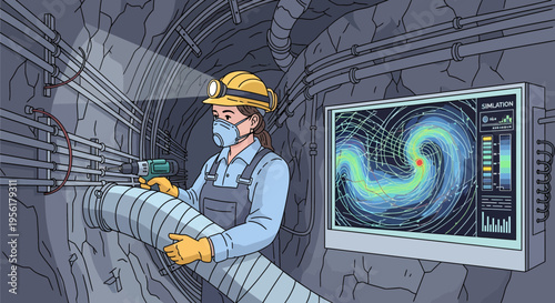 Scientist working in tunnel with advanced technology display.