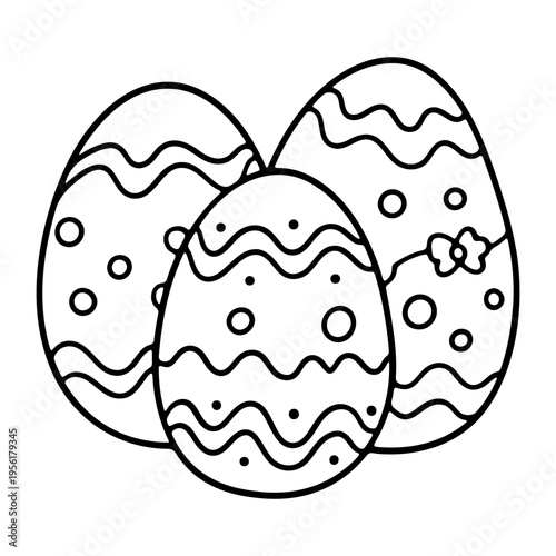 A minimalist vector illustration of three decorated Easter eggs in a simple line art style