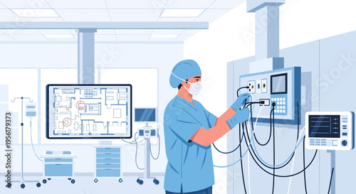 Surgeon in sterile scrubs adjusts medical equipment in operating room.