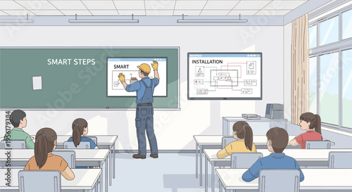 Teacher explaining lesson to students in classroom.