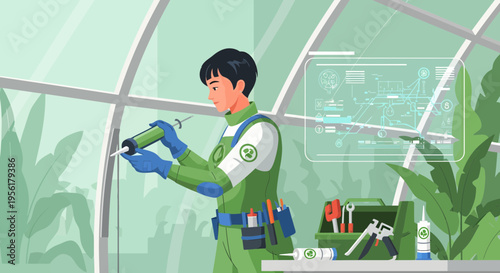 Technician applying sealant to modern glass structure.