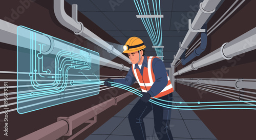 Technician Inspecting Complex Digital Network Infrastructure.