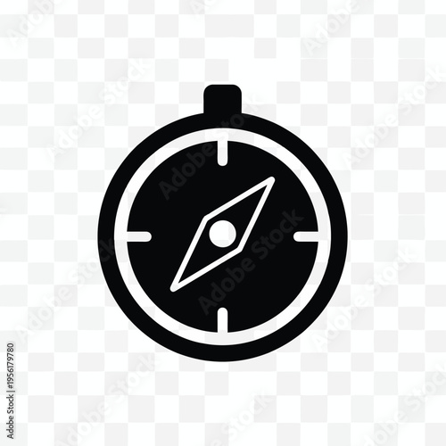 Compass Navigation Symbol: A black and white graphic design of a compass, the directional tool, centered, illustrating navigation.