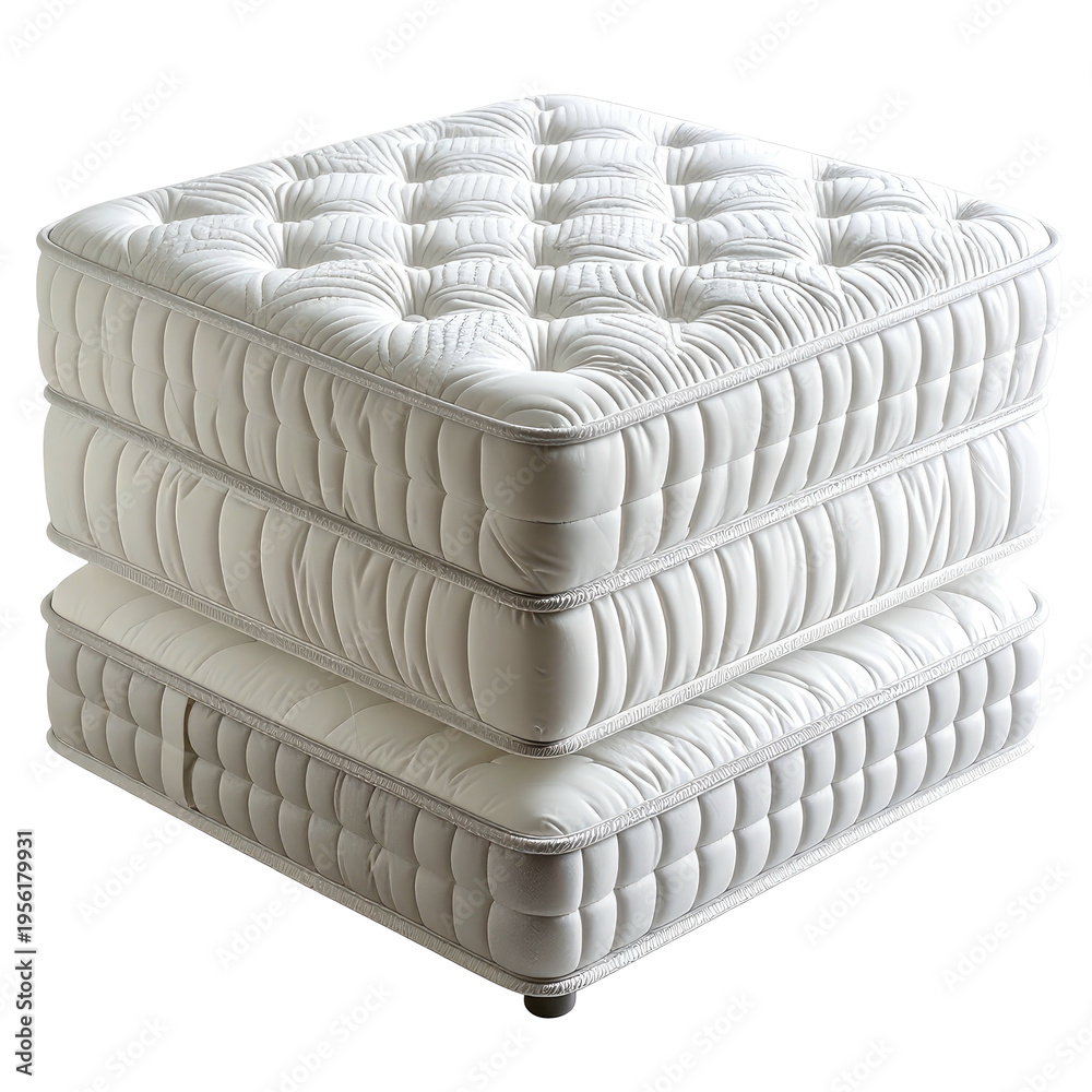 Obraz premium Three plush, white mattresses stacked, featuring button tufting and stitched sides