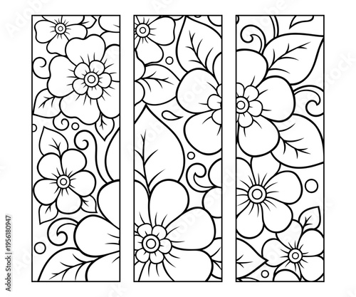 Printable bookmark for book - coloring. Set of black and white labels with flower patterns, hand draw in mehndi style. Sketch of ornaments for creativity of children and adults with colored pencils.