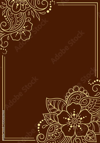 Frame in eastern tradition. Stylized with henna tattoos decorative pattern for decorating covers for book, notebook, casket, magazine, postcard and folder. Flower border in mehndi style.