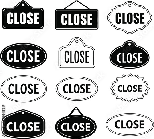 Collection of twelve black and white closed signs in various shapes open sign shop sign business sign