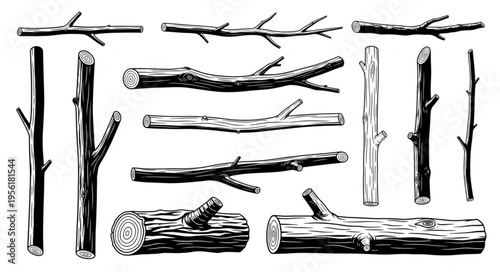 Collection of Hand-Drawn Wood Branches and Logs in Black and White.
