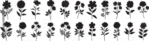 Black and white floral pattern with various flower silhouettes on a white background