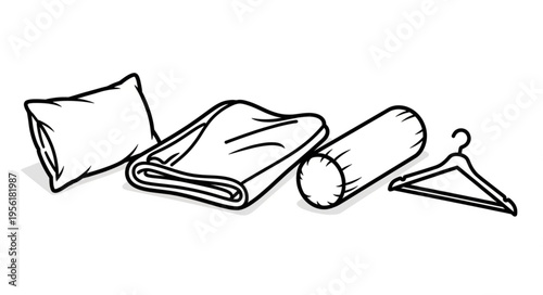 Sketch of Bedding Items - Pillow, Blanket, Bolster, and Hanger.