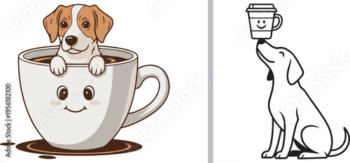 Adorable vector art featuring a puppy sitting inside a smiling coffee mug and a sleek dog balancing a happy coffee cup on its nose. A charming blend of pet love and cafe culture.