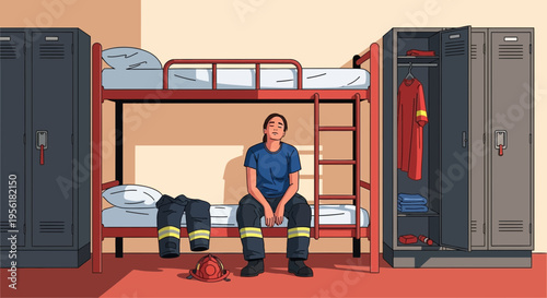 Tired firefighter sitting on bunk bed in locker room after shift.