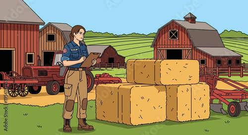 Woman farmer inspecting hay bales on farm.
