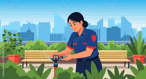 Woman gardener tending to plants in urban park setting.
