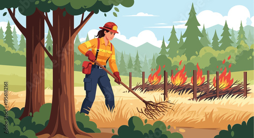 Woman firefighter actively working on wildfire containment.