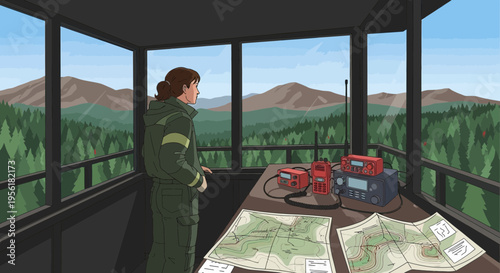 Woman in forest fire lookout tower observing landscape.