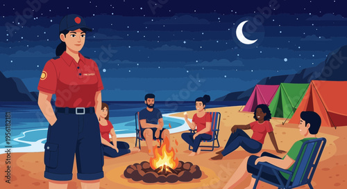 Woman in uniform standing near beach campfire at night.