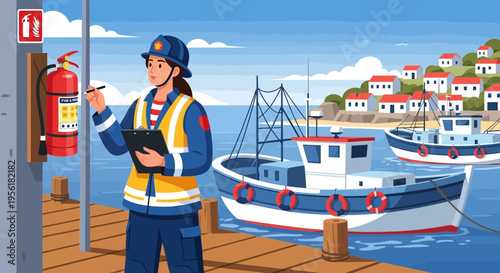 Woman inspecting fire extinguisher on dock.