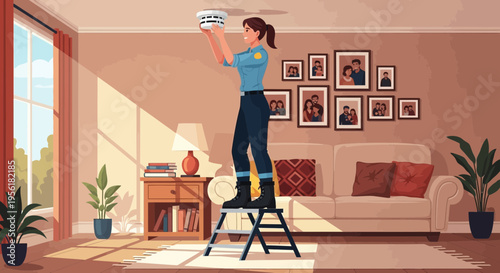 Woman installing smoke detector on ceiling.