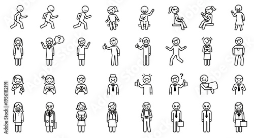 Diverse Stick Figure Characters - A Collection of Simple Line Drawings.