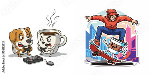 Action-packed vector art featuring a dog and an angry coffee mug playing video games, alongside a skater performing a trick with a coffee cup character in a city setting.