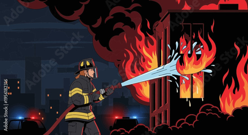 Firefighter bravely battling intense building inferno with powerful water stream.