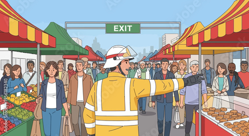 Firefighter directing people at a busy outdoor market.