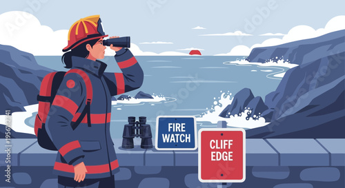 Firefighter diligently scans the horizon with binoculars for safety.