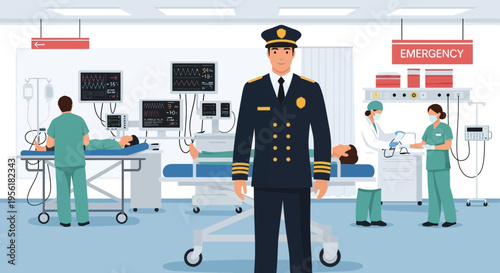 Firefighter Captain Standing Proudly in Hospital Emergency Room.