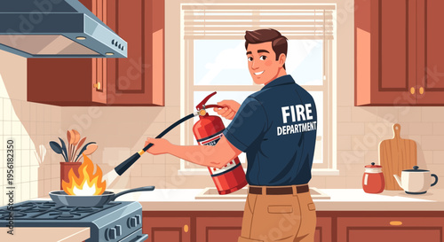 Firefighter extinguishes kitchen fire with extinguisher.