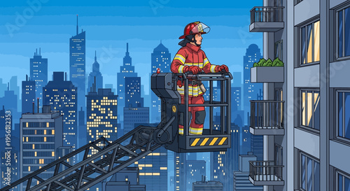 Firefighter in aerial ladder basket during rescue operation.