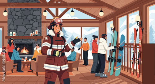 Firefighter in full gear standing confidently indoors.