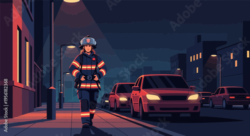Firefighter in uniform walking at night on city street.