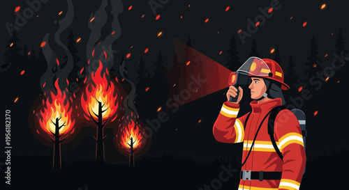 Firefighter in protective gear using flashlight during night operation.