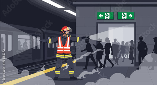 Firefighter in protective gear with mask and flashlight.