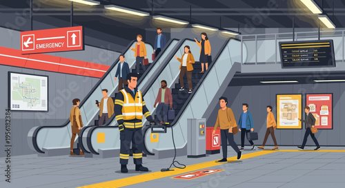 Firefighter in subway station with people on escalator.
