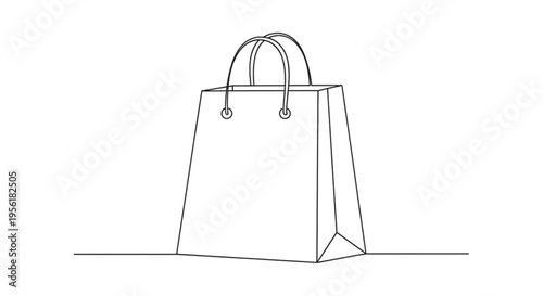 Minimalist continuous line drawing of a paper shopping bag representing retail, e-commerce, and consumerism.