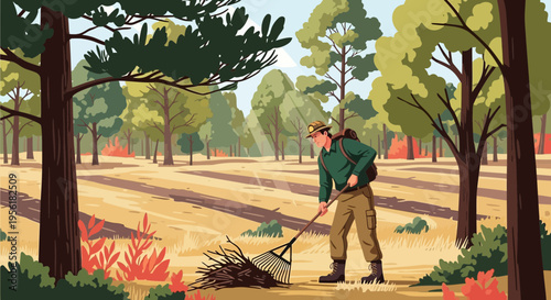 Gardener Raking Leaves in Autumn Forest Scene.