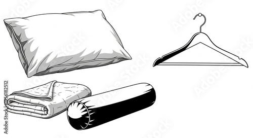 Sketch of Bedroom Essentials - Pillow, Blanket, Bolster, and Hanger.