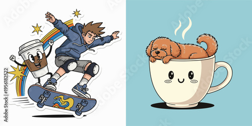 Dynamic cartoon vector featuring a teen skateboarding with a coffee cup character against a rainbow, paired with a cute puppy napping inside a smiling, steaming teacup. Vibrant and cozy vibes.