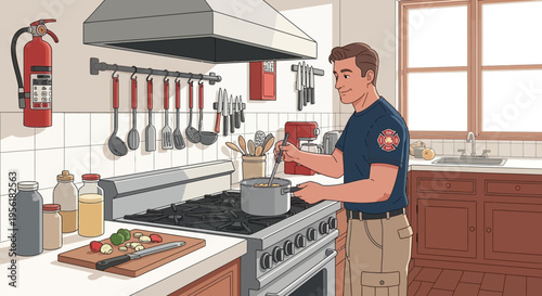 Man in uniform cooking in a kitchen safety setting.
