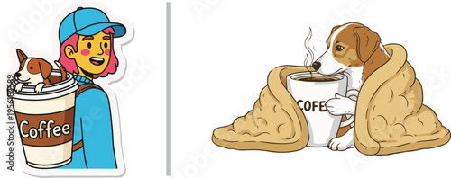 Charming vector illustrations featuring a girl carrying a dog in a large coffee cup backpack and a cozy puppy wrapped in a blanket hugging a steaming mug. Perfect for dog and coffee lovers.
