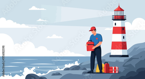 Man with life vests near lighthouse.