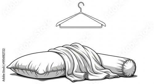 Sketch of Bedding with Pillow, Bolster, Blanket, and Hanger.