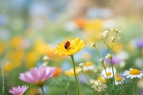 Ladybug on vibrant yellow flower amid blooming summer wildflowers