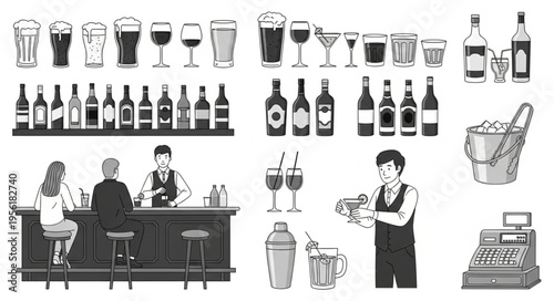 Detailed Bar Scene Illustration with Bartender and Patrons.