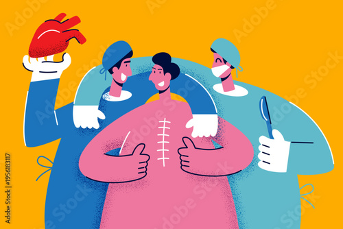 Male surgeons team smiling and posing with happy patient after successful open heart surgery showing thumbs up in flat corporate memphis style. Vector illustration.