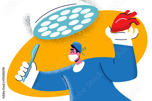 Male surgeon in mask holding a scalpel and a human heart during a cardiac operation in surgical room with lamp in flat corporate memphis style. Vector illustration